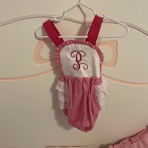 Darling Mae by RicRac and Ruffles 12M Bubble with “P” mono. EUC. SF/PF home.